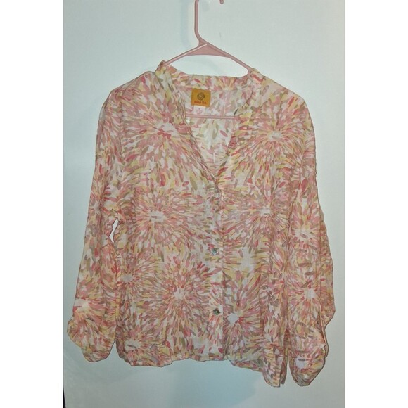 Ruby Rd Multicolor Sheer Floral Long Roll Tab Sleeve Button Up V-neck Blouse Sz - Picture 1 of 3